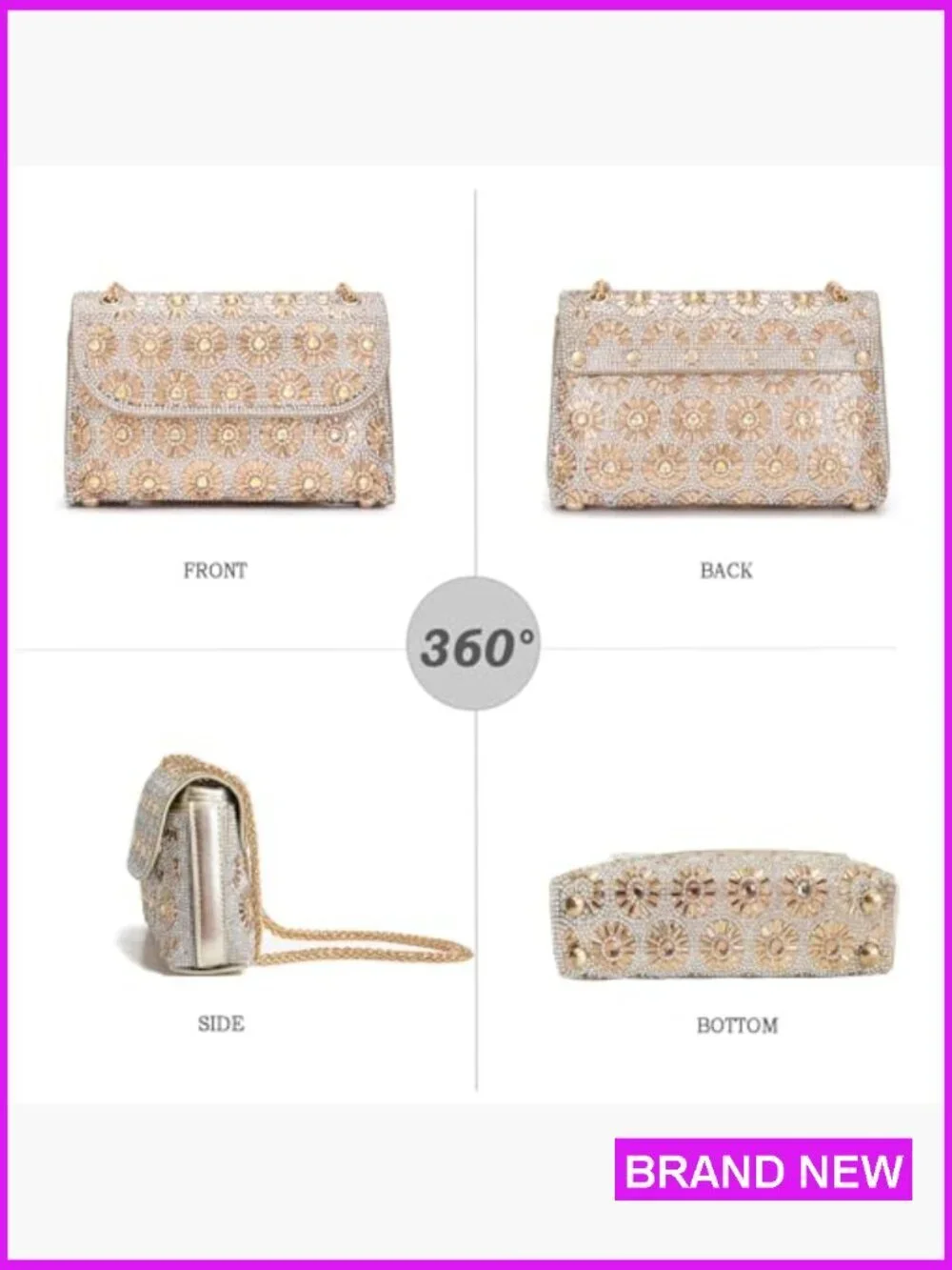 Rhinestone Evening Clutch Purse with Chain Elegant Floral Pattern Women's